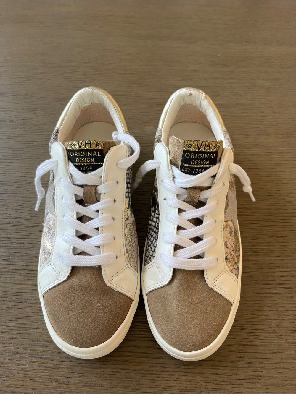 Vintage Havana Beige, White & Gold Mixed-Material Sneakers